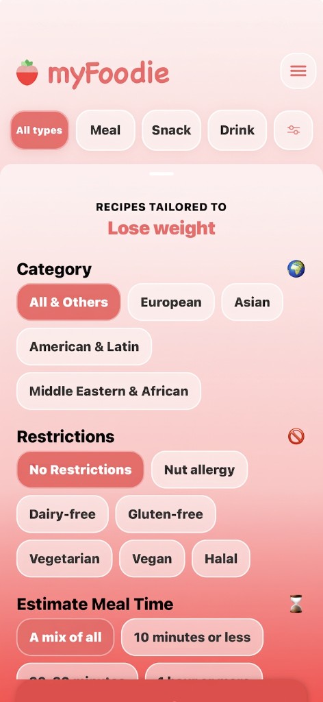 myFoodie filters for category, dietary restrictions, and meal time