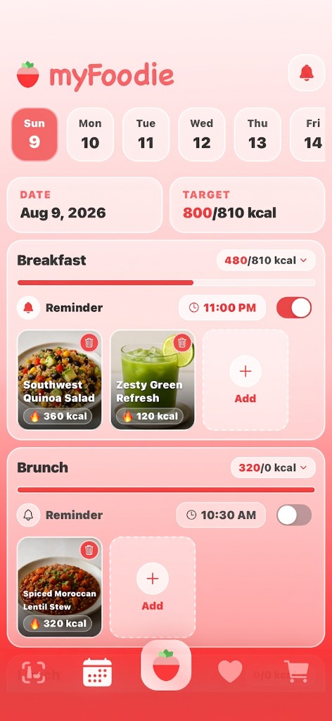 myFoodie meal plan with breakfast, reminders, and calorie targets