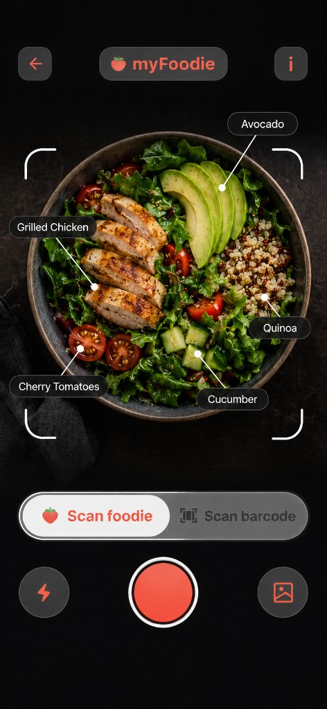 myFoodie camera scan identifying ingredients on a plate