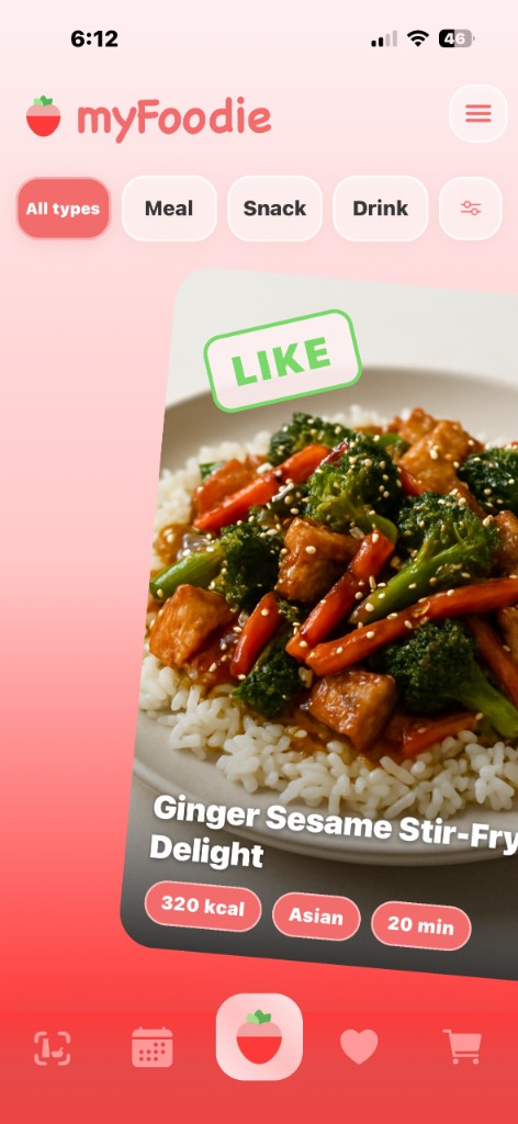 myFoodie swipe screen showing Ginger Sesame Stir-Fry Delight